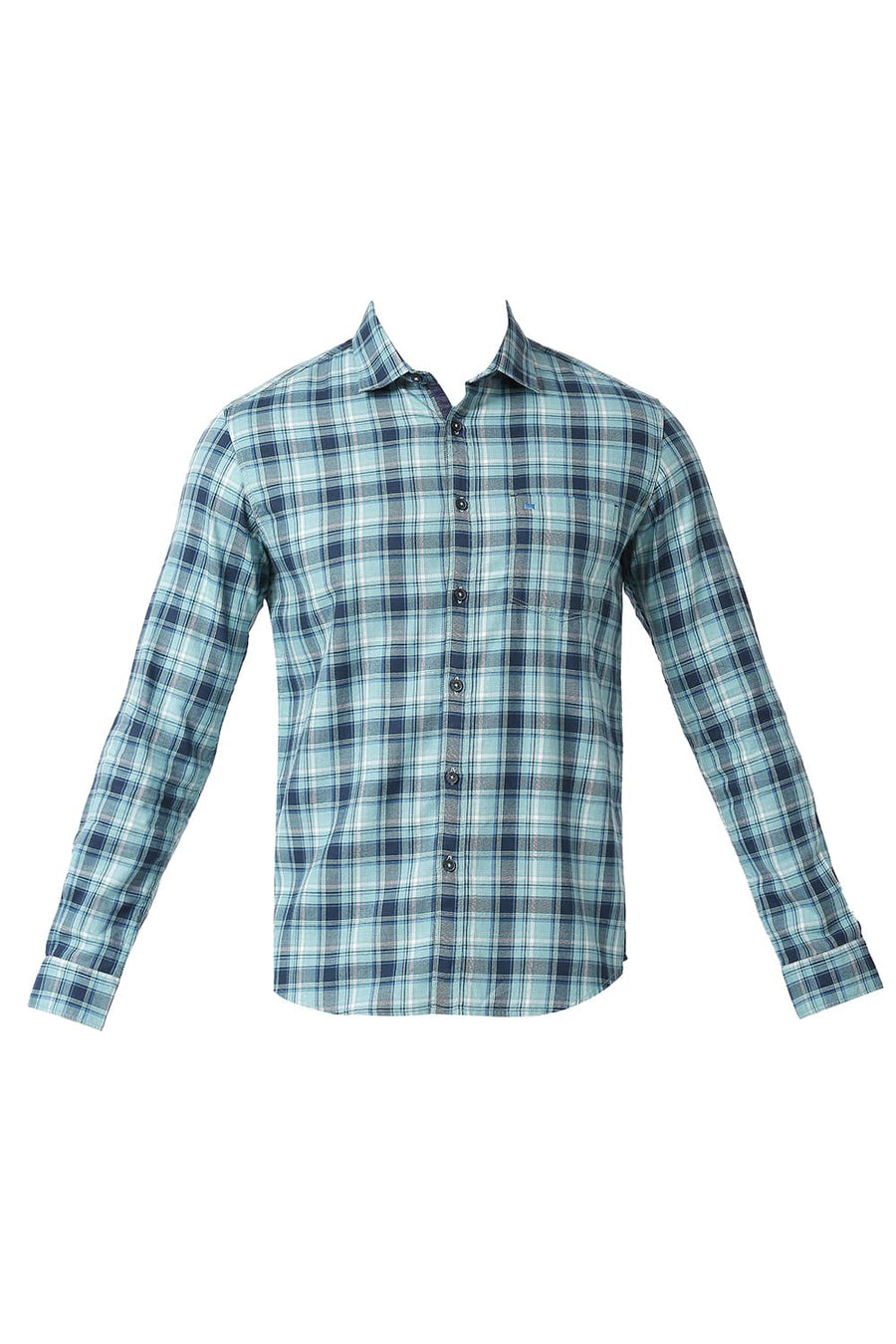BASICS SLIM FIT AQUA HAZE BLUE COTTON TWILL CHECKS SHIRT