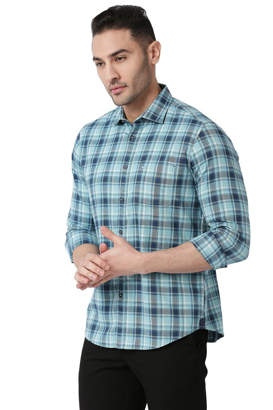 BASICS SLIM FIT AQUA HAZE BLUE COTTON TWILL CHECKS SHIRT