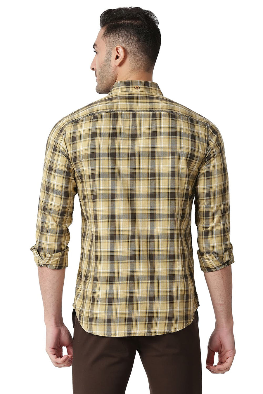 BASICS SLIM FIT STARFISH KHAKI COTTON TWILL CHECKS SHIRT