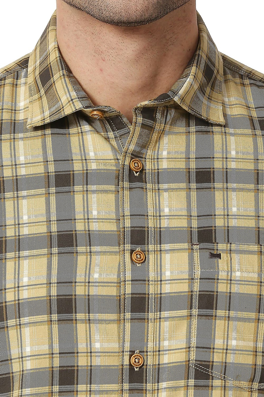 BASICS SLIM FIT STARFISH KHAKI COTTON TWILL CHECKS SHIRT
