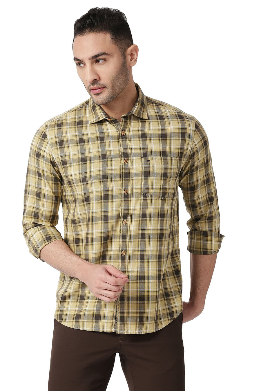 BASICS SLIM FIT STARFISH KHAKI COTTON TWILL CHECKS SHIRT