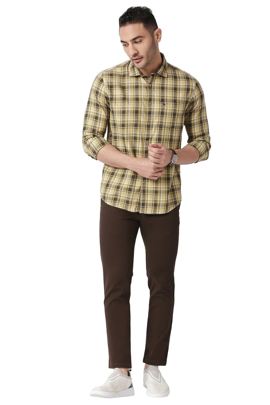 BASICS SLIM FIT STARFISH KHAKI COTTON TWILL CHECKS SHIRT