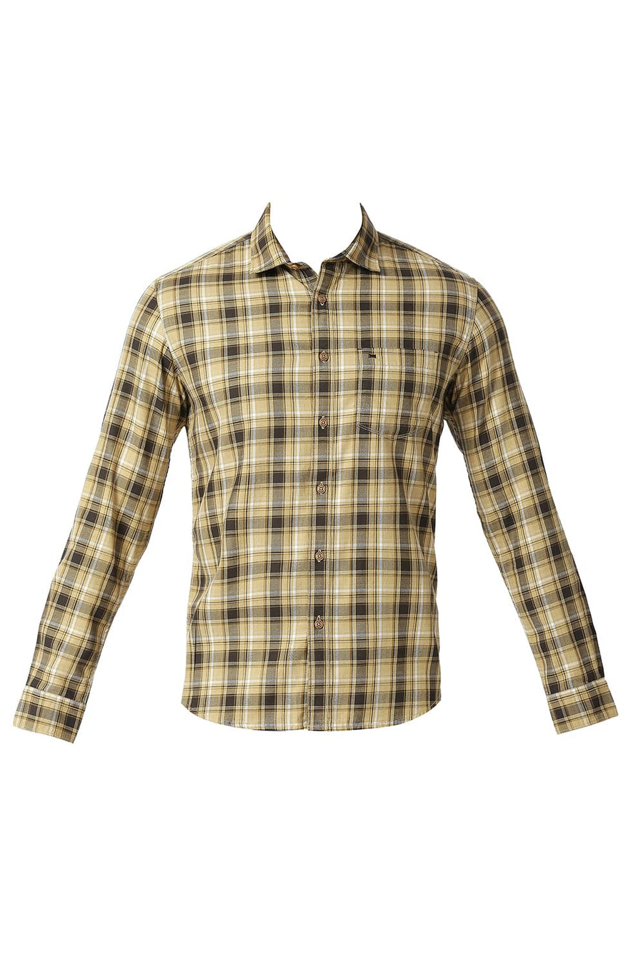 BASICS SLIM FIT STARFISH KHAKI COTTON TWILL CHECKS SHIRT