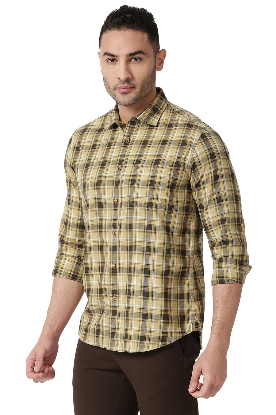 BASICS SLIM FIT STARFISH KHAKI COTTON TWILL CHECKS SHIRT
