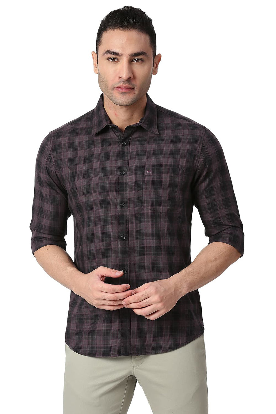 BASICS SLIM FIT SASSAFRAS PURPLE COTTON TWILL CHECKS SHIRT