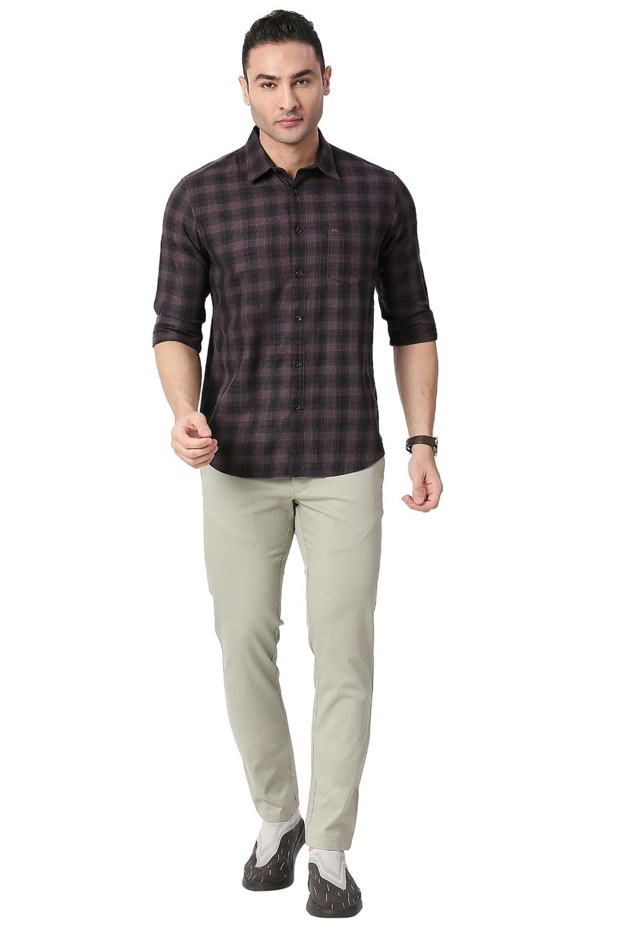 BASICS SLIM FIT SASSAFRAS PURPLE COTTON TWILL CHECKS SHIRT
