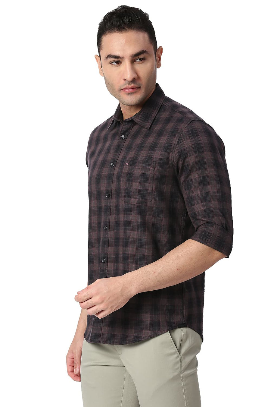 BASICS SLIM FIT SASSAFRAS PURPLE COTTON TWILL CHECKS SHIRT