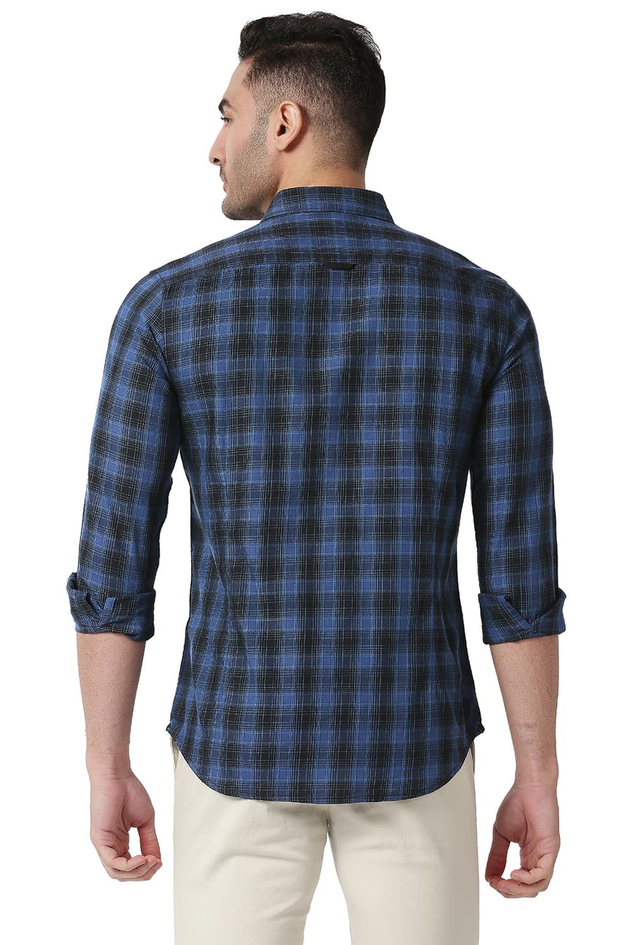 BASICS SLIM FIT STELLAR BLUE COTTON TWILL CHECKS SHIRT