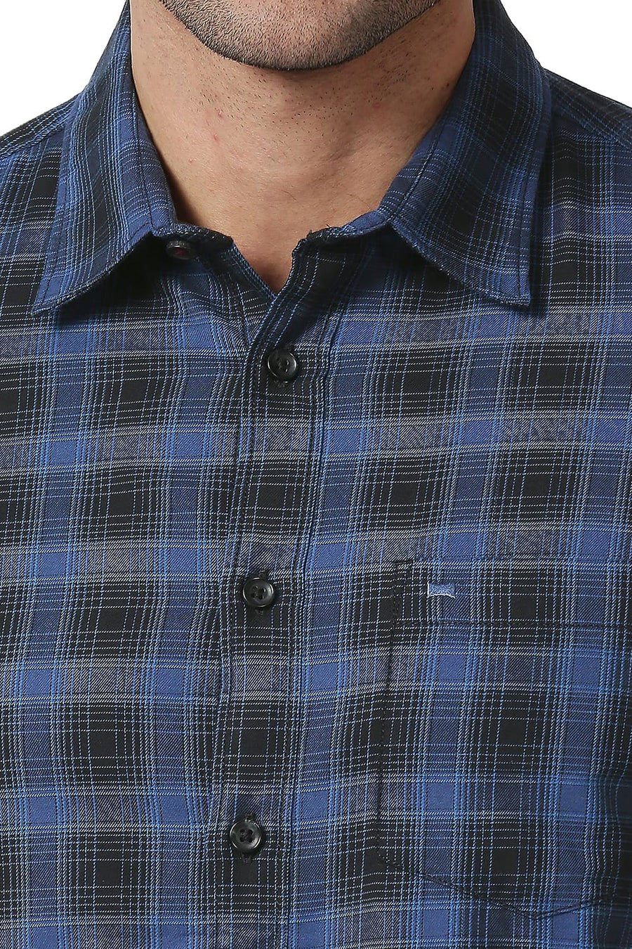 BASICS SLIM FIT STELLAR BLUE COTTON TWILL CHECKS SHIRT