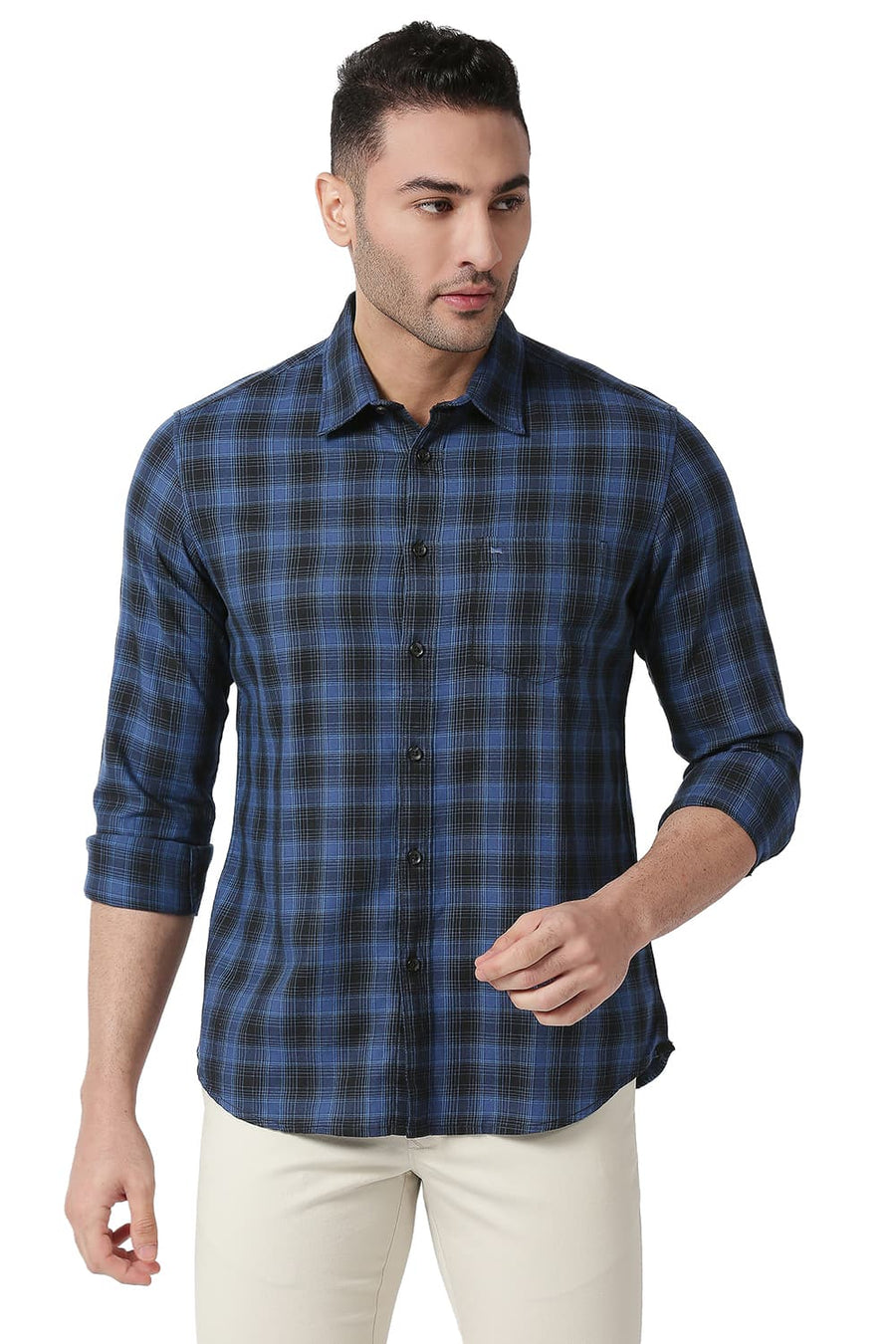 BASICS SLIM FIT STELLAR BLUE COTTON TWILL CHECKS SHIRT