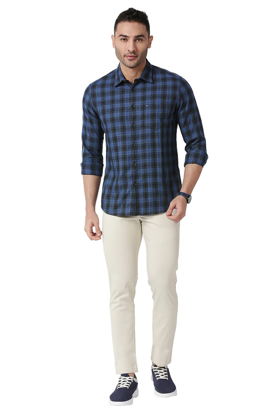 BASICS SLIM FIT STELLAR BLUE COTTON TWILL CHECKS SHIRT
