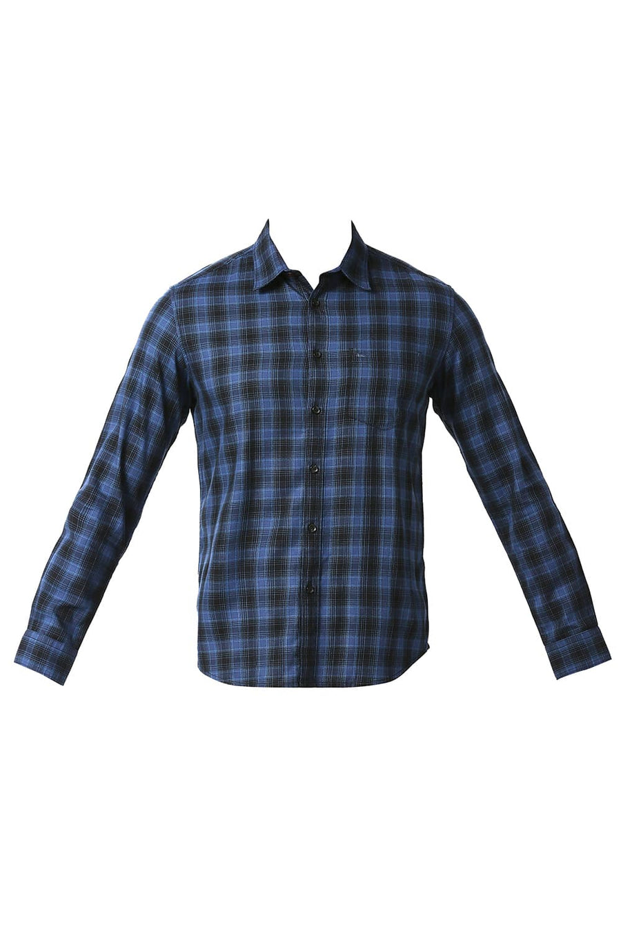 BASICS SLIM FIT STELLAR BLUE COTTON TWILL CHECKS SHIRT
