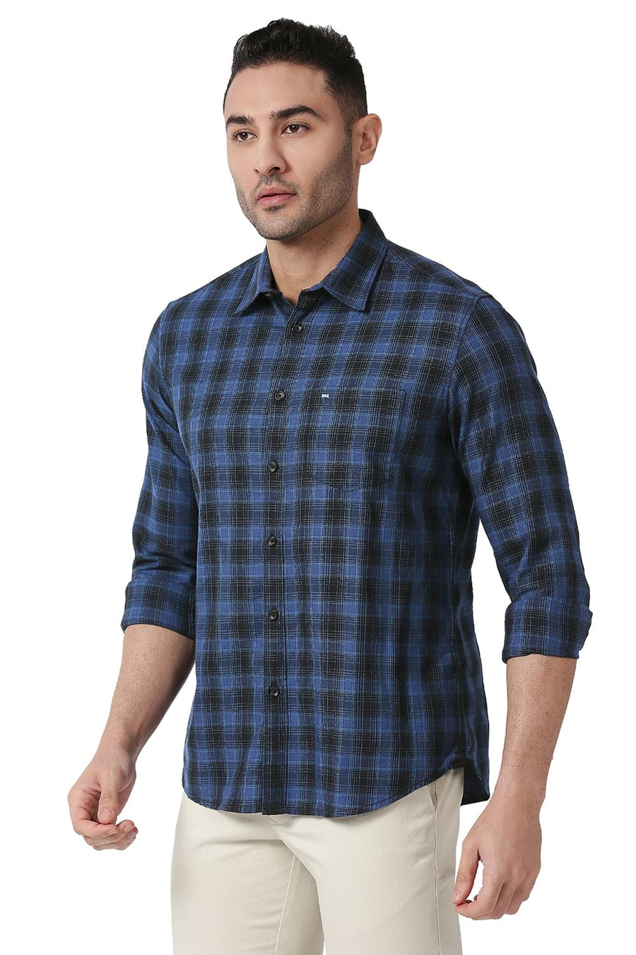 BASICS SLIM FIT STELLAR BLUE COTTON TWILL CHECKS SHIRT
