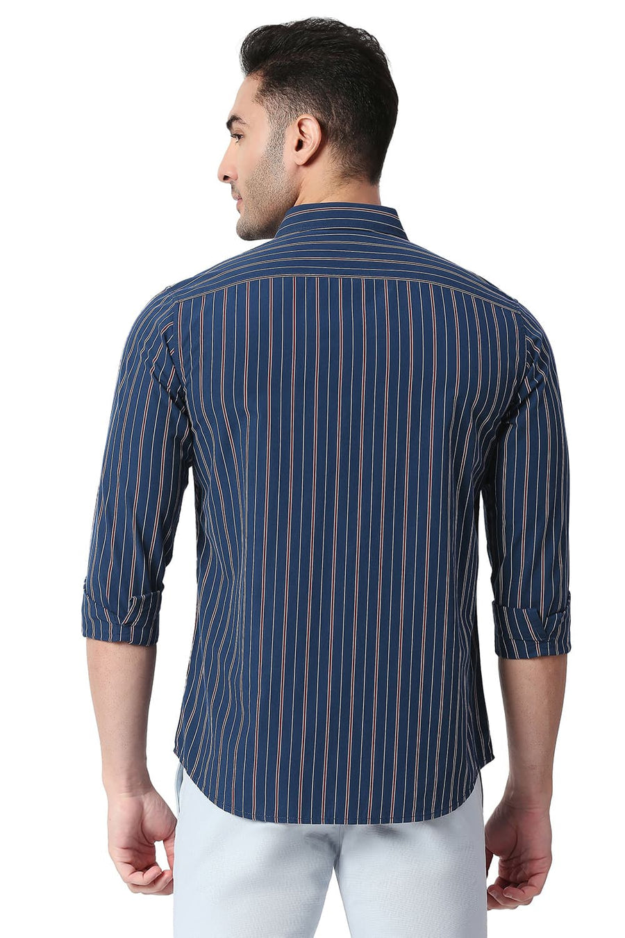 BASICS SLIM FIT MAJOLICA NAVY COTTON STRIPE SHIRT