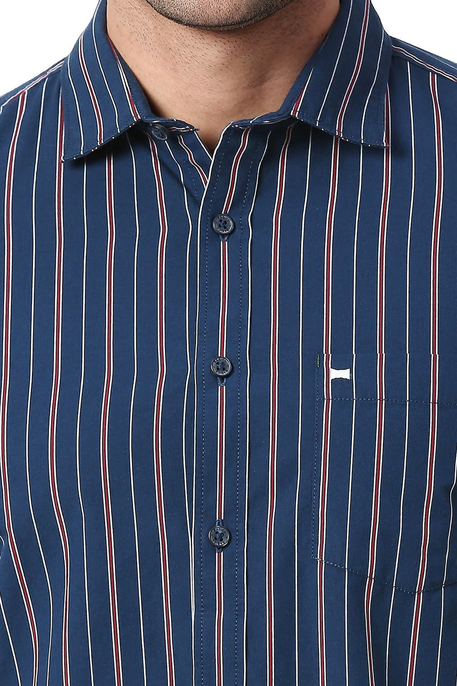 BASICS SLIM FIT MAJOLICA NAVY COTTON STRIPE SHIRT