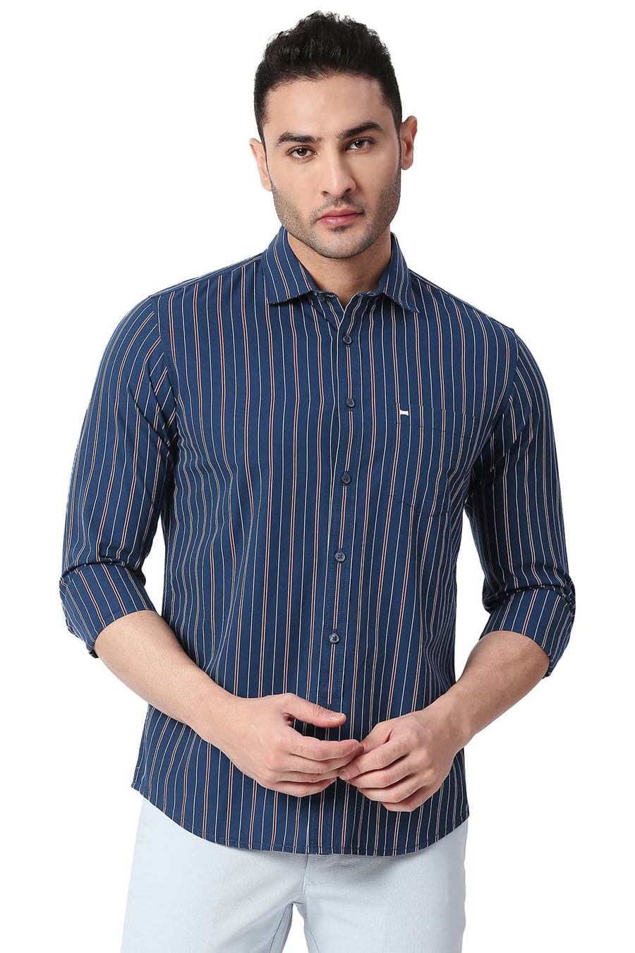 BASICS SLIM FIT MAJOLICA NAVY COTTON STRIPE SHIRT