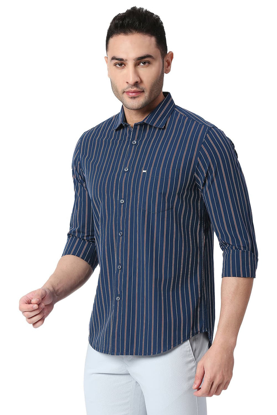 BASICS SLIM FIT MAJOLICA NAVY COTTON STRIPE SHIRT