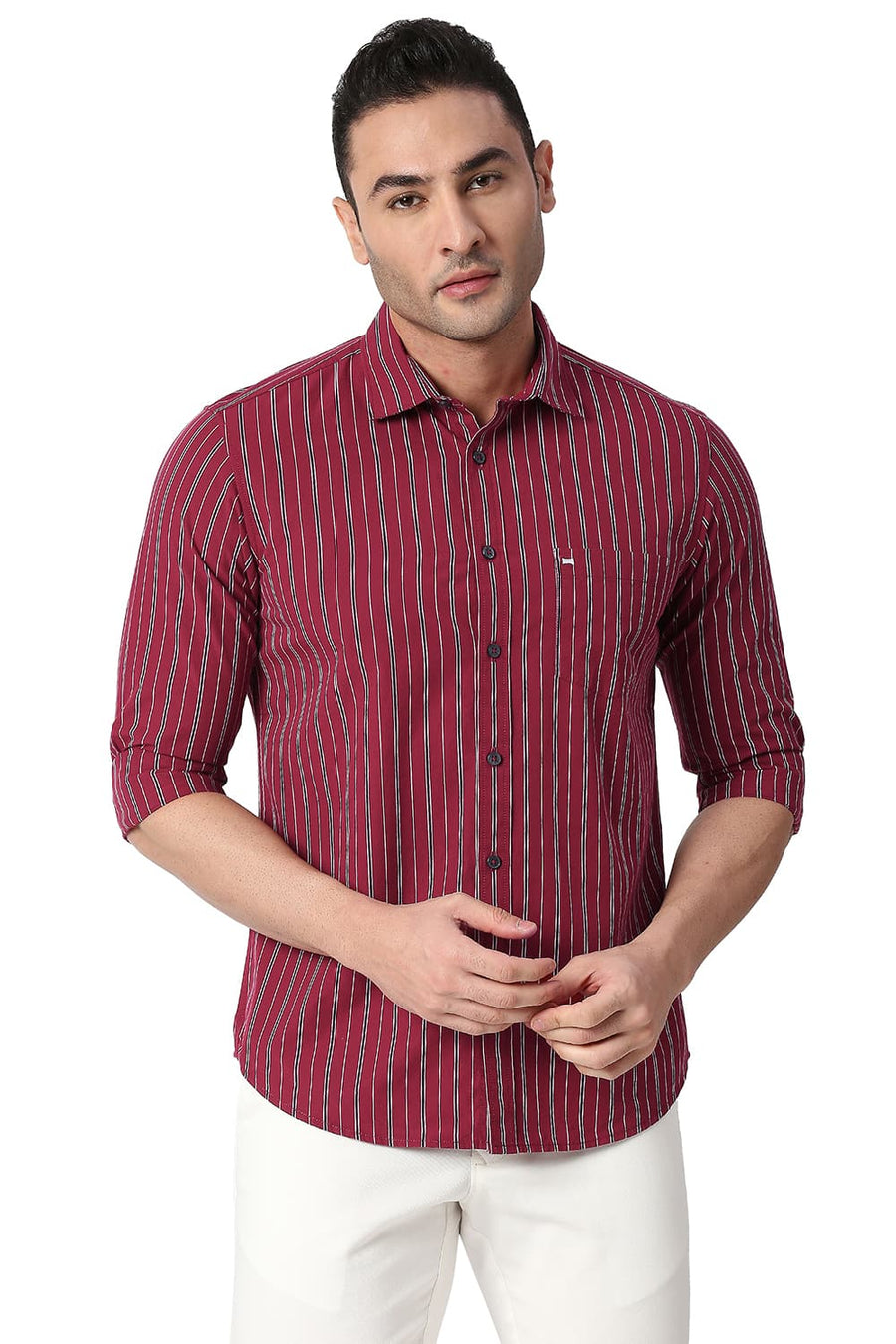 BASICS SLIM FIT SUNDRIED RED COTTON STRIPE SHIRT