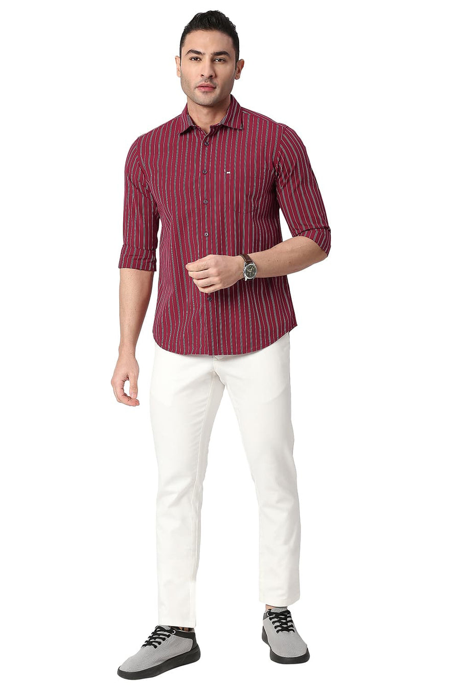 BASICS SLIM FIT SUNDRIED RED COTTON STRIPE SHIRT