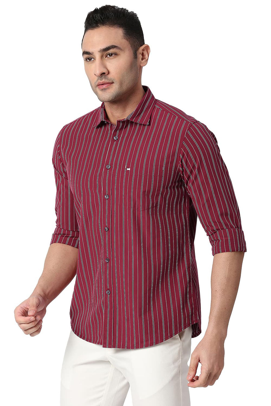 BASICS SLIM FIT SUNDRIED RED COTTON STRIPE SHIRT