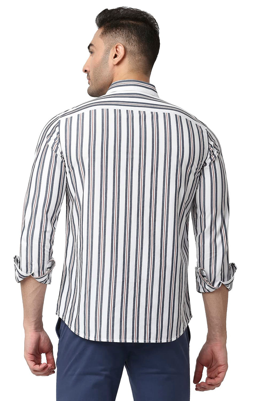 BASICS SLIM FIT IRIS BLUE COTTON STRIPE SHIRT