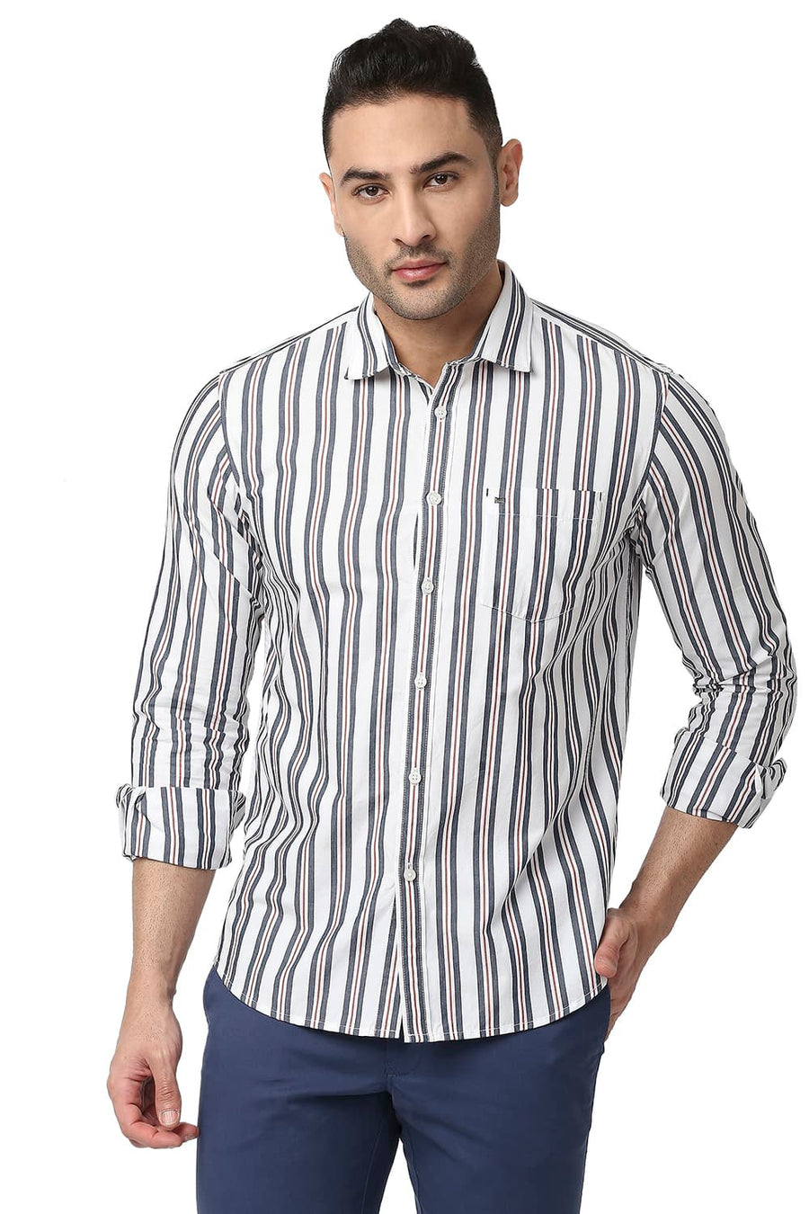 BASICS SLIM FIT IRIS BLUE COTTON STRIPE SHIRT