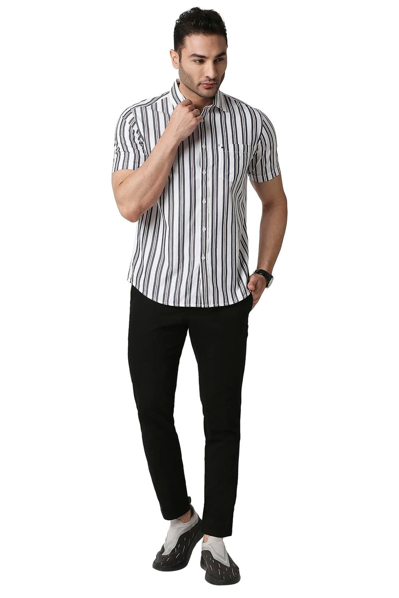 BASICS SLIM FIT COTTON STRIPE HALFSLEEVES SHIRT