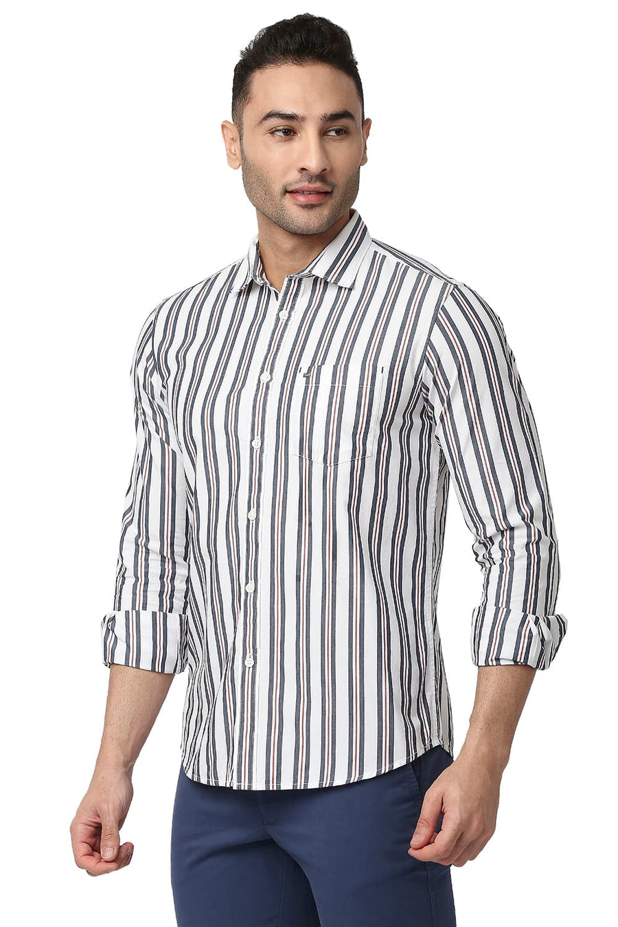 BASICS SLIM FIT IRIS BLUE COTTON STRIPE SHIRT