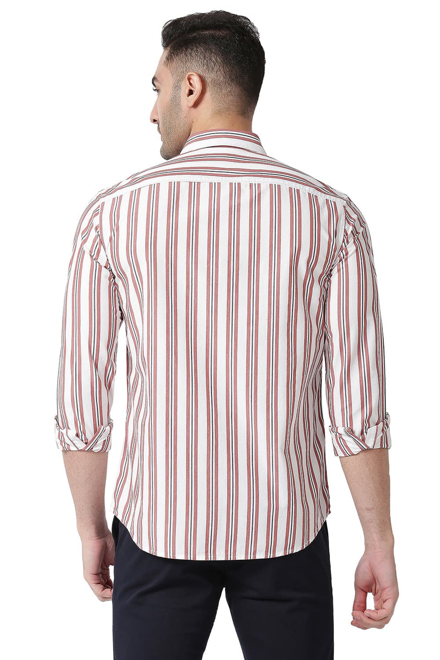 BASICS SLIM FIT RED WOOD COTTON STRIPE SHIRT