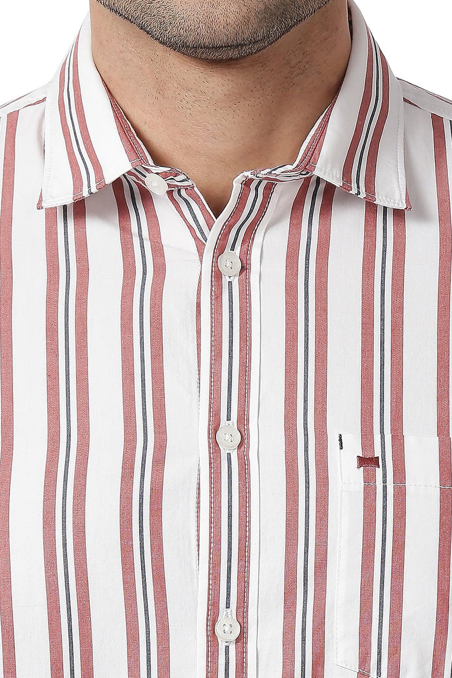 BASICS SLIM FIT RED WOOD COTTON STRIPE SHIRT