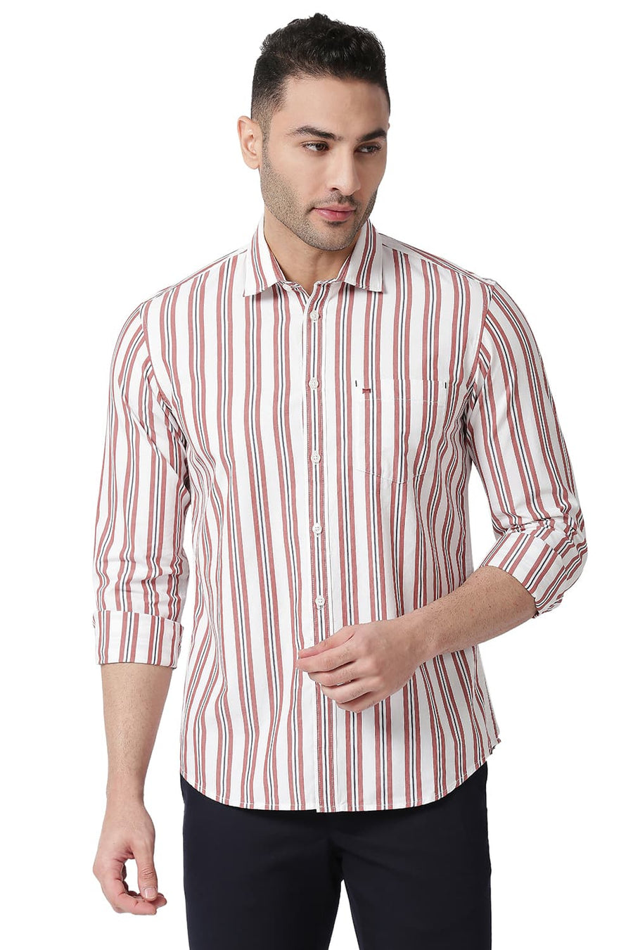BASICS SLIM FIT RED WOOD COTTON STRIPE SHIRT