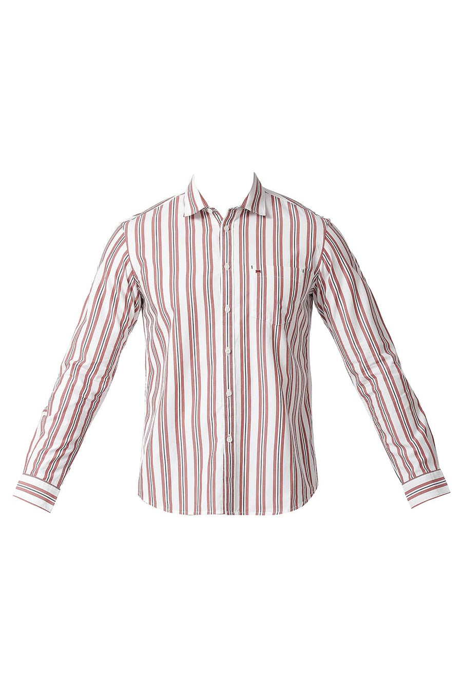 BASICS SLIM FIT RED WOOD COTTON STRIPE SHIRT