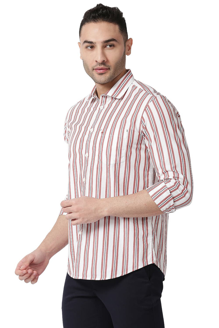 BASICS SLIM FIT RED WOOD COTTON STRIPE SHIRT