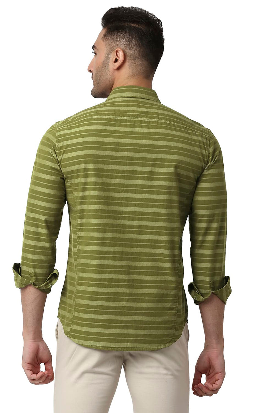BASICS SLIM FIT HERB GREEN COTTON WEFT STRIPE SHIRT