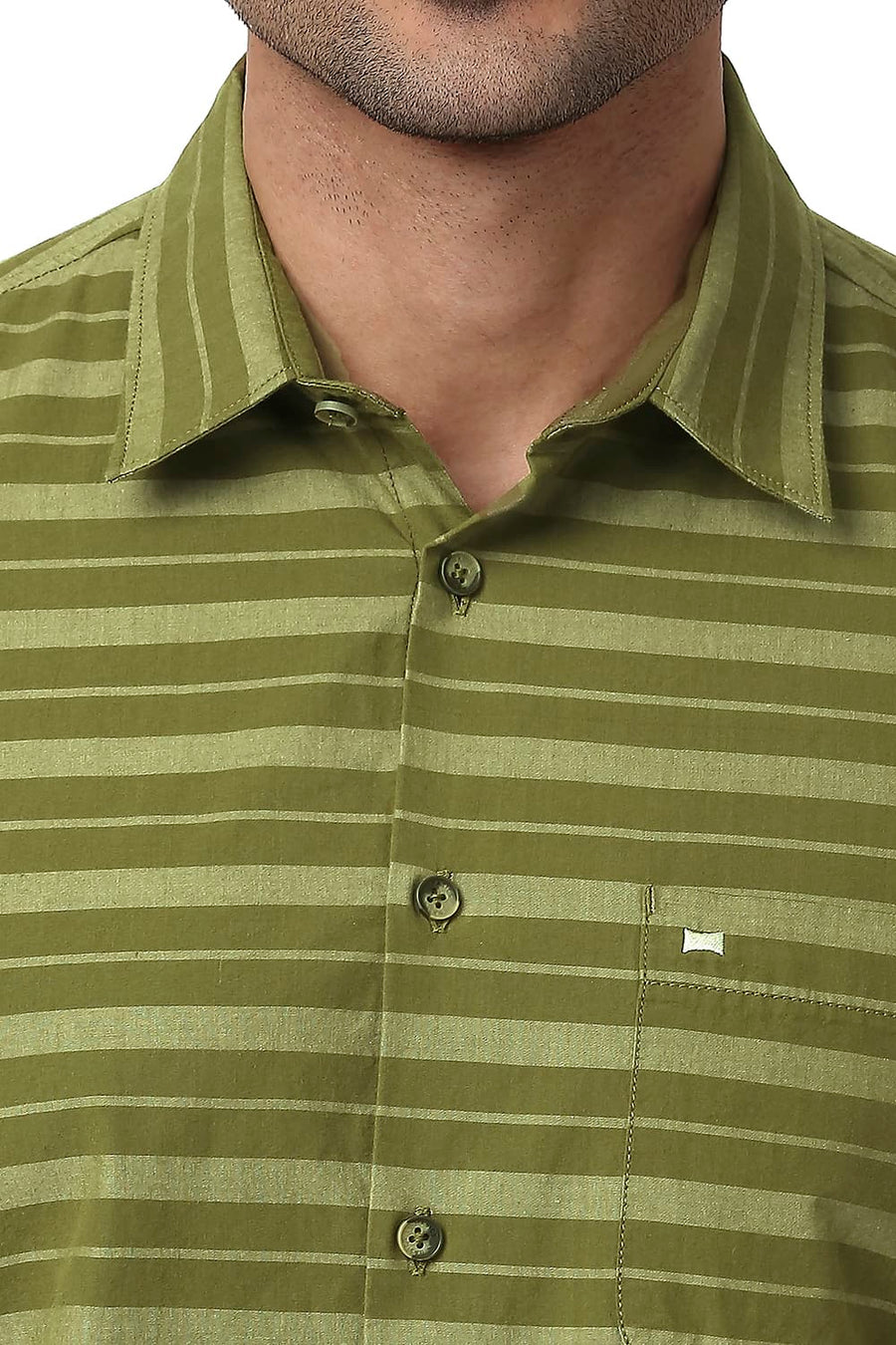 BASICS SLIM FIT HERB GREEN COTTON WEFT STRIPE SHIRT