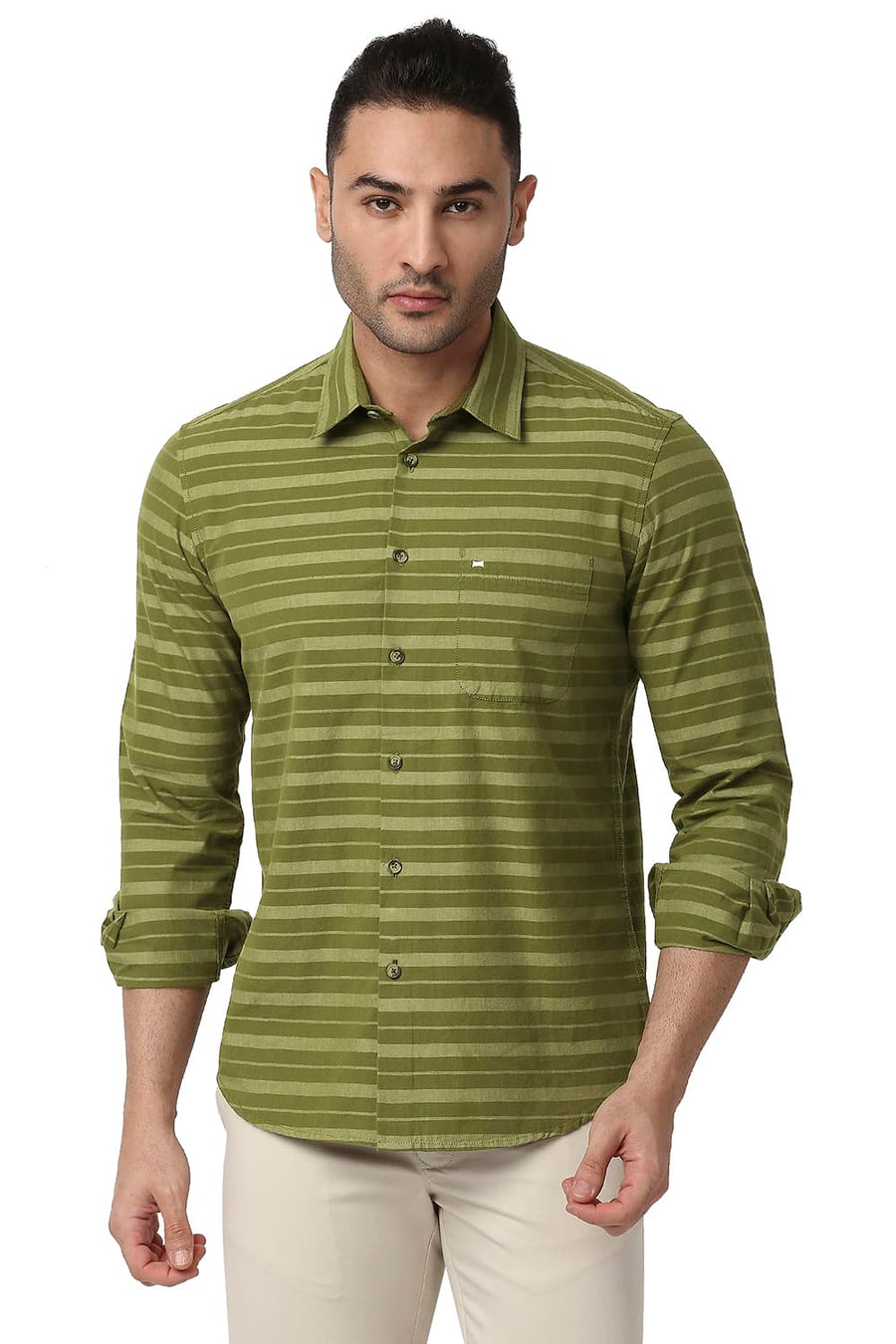 BASICS SLIM FIT HERB GREEN COTTON WEFT STRIPE SHIRT