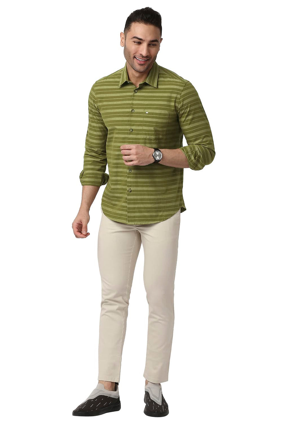 BASICS SLIM FIT HERB GREEN COTTON WEFT STRIPE SHIRT