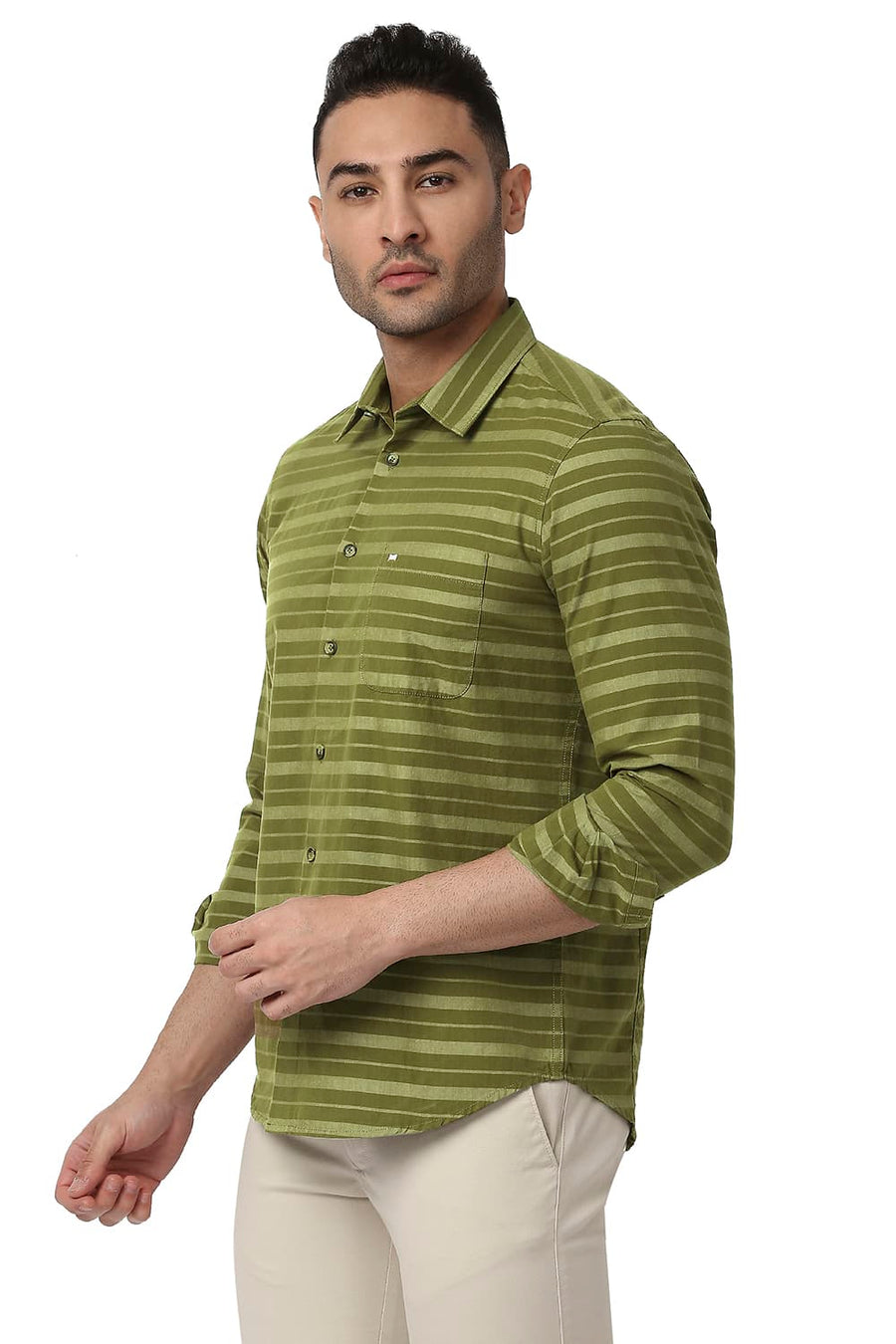 BASICS SLIM FIT HERB GREEN COTTON WEFT STRIPE SHIRT