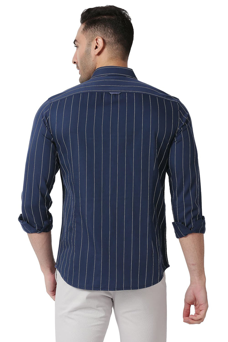 BASICS SLIM FIT SPACE NAVY COTTON TWILL STRIPE SHIRT
