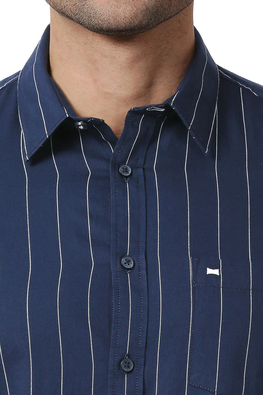 BASICS SLIM FIT SPACE NAVY COTTON TWILL STRIPE SHIRT