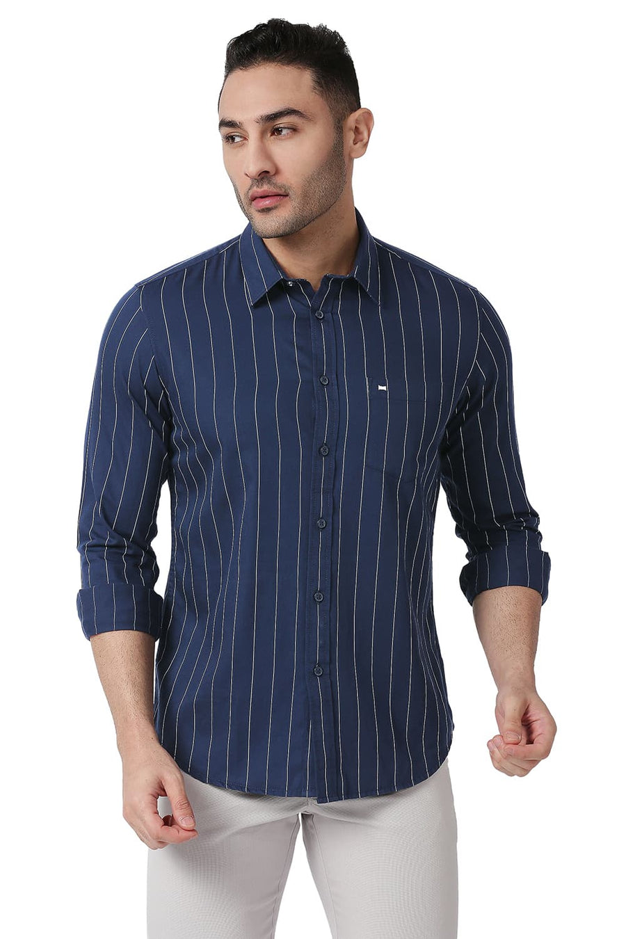 BASICS SLIM FIT SPACE NAVY COTTON TWILL STRIPE SHIRT