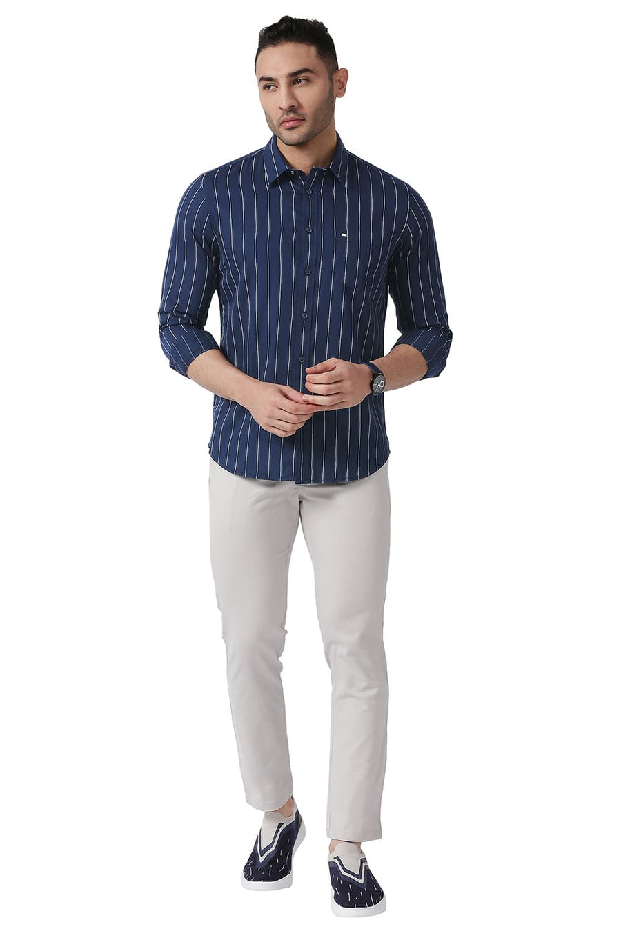 BASICS SLIM FIT SPACE NAVY COTTON TWILL STRIPE SHIRT