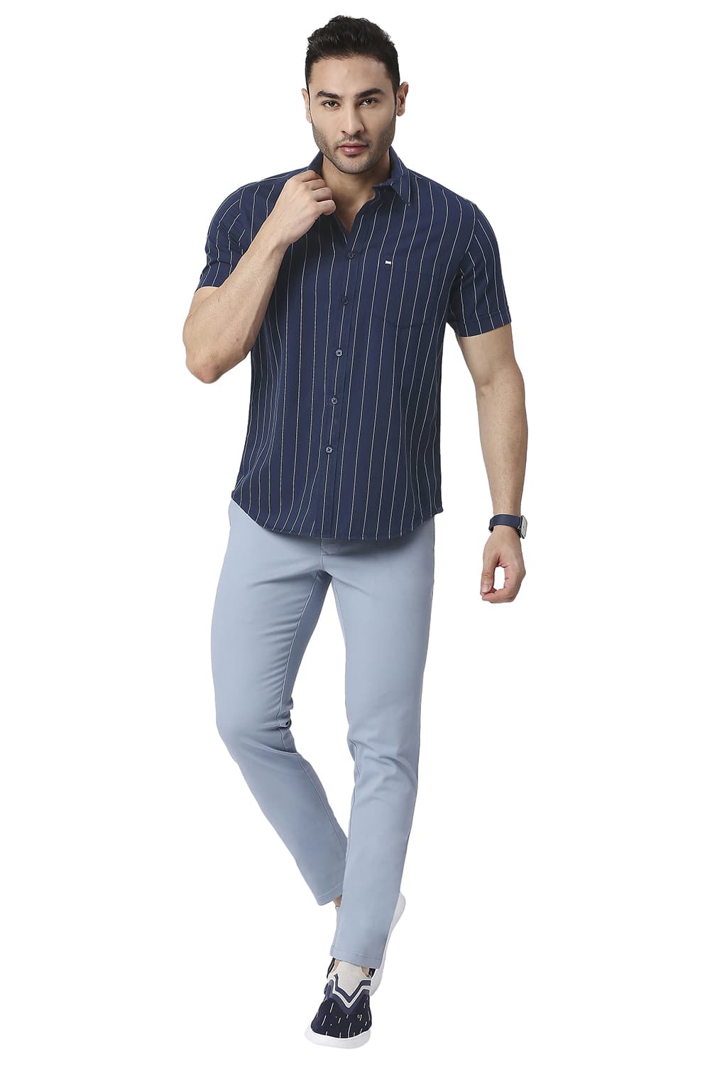 BASICS SLIM FIT COTTON TWILL STRIPE HALFSLEEVES SHIRT