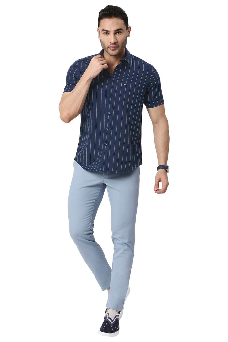 BASICS SLIM FIT COTTON TWILL STRIPE HALFSLEEVES SHIRT