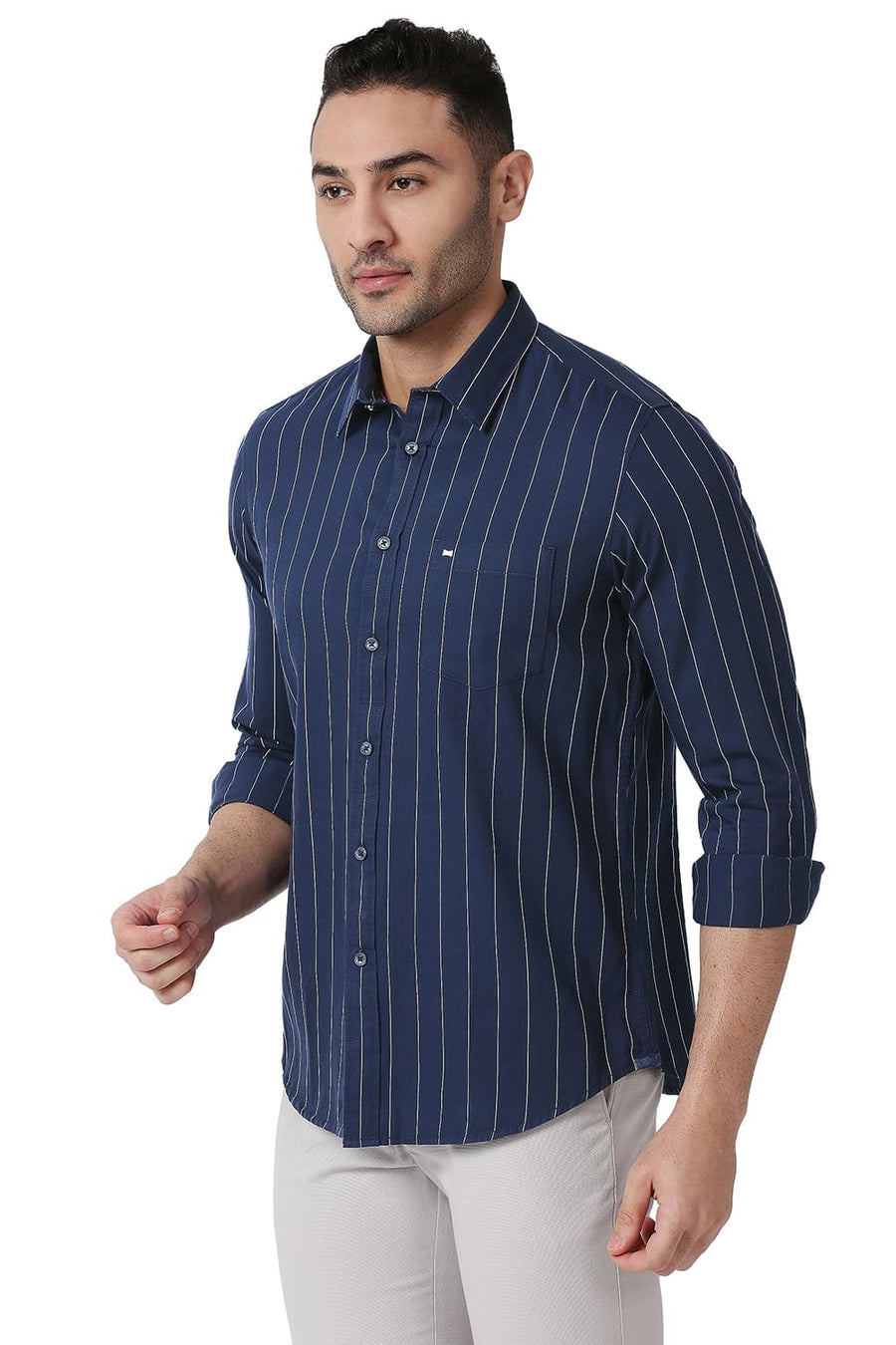 BASICS SLIM FIT SPACE NAVY COTTON TWILL STRIPE SHIRT
