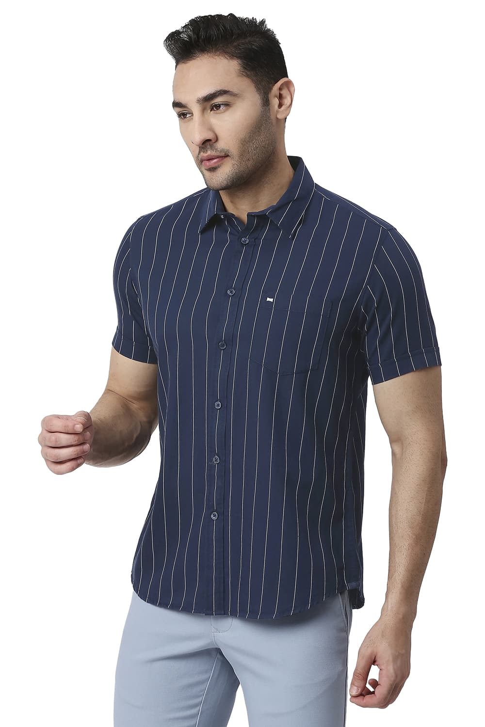 BASICS SLIM FIT COTTON TWILL STRIPE HALFSLEEVES SHIRT