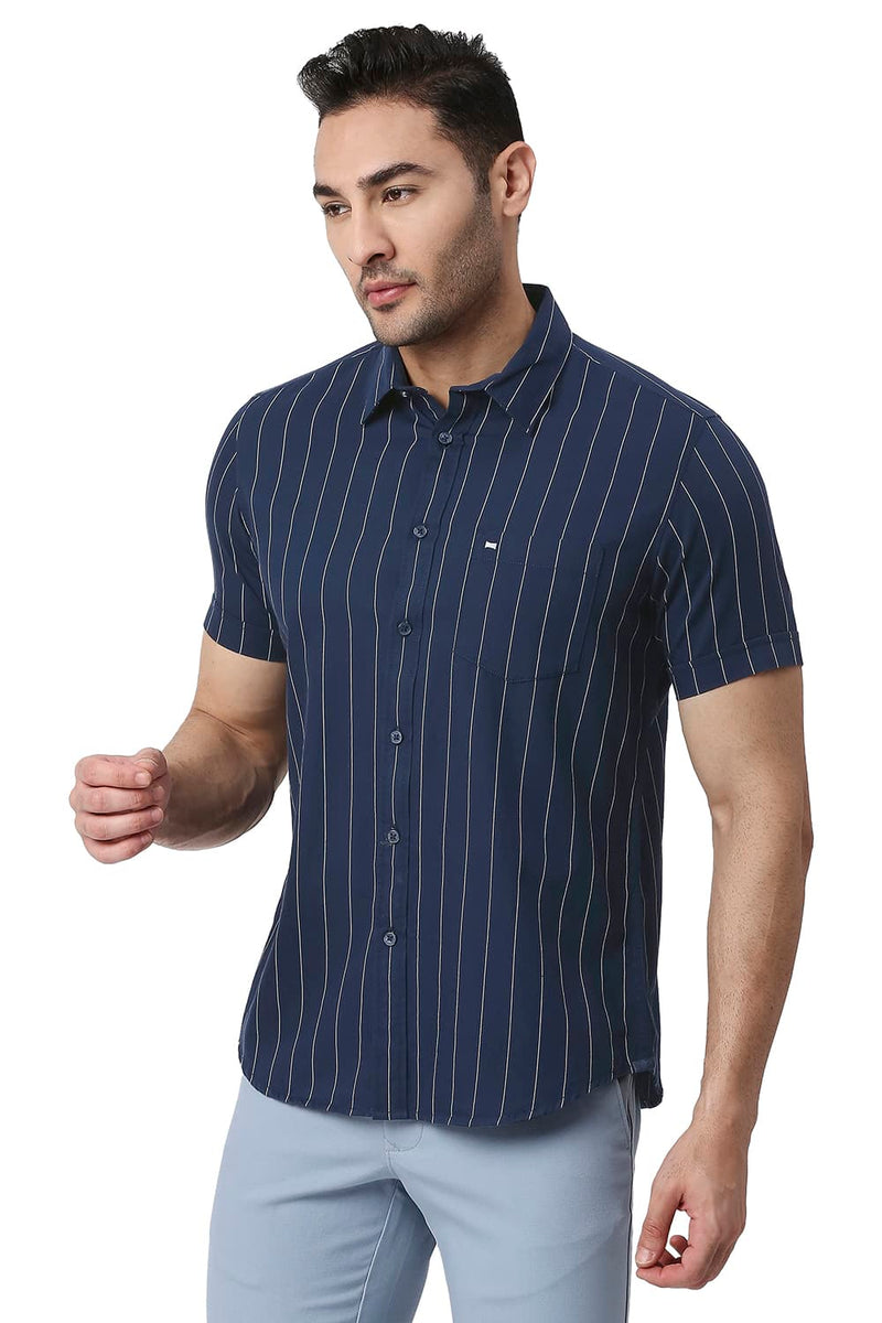 BASICS SLIM FIT COTTON TWILL STRIPE HALFSLEEVES SHIRT