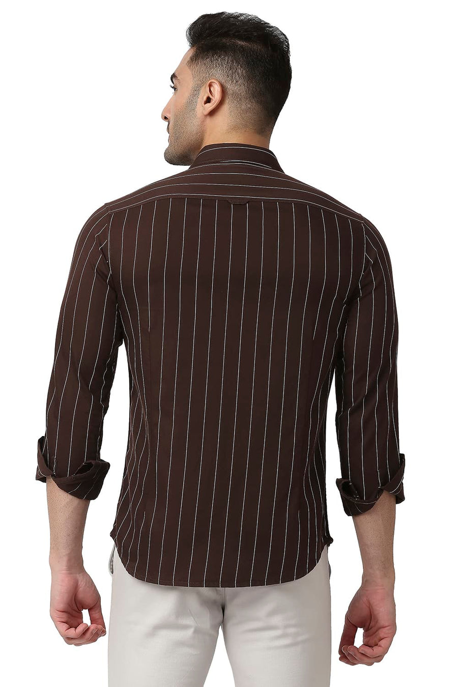 BASICS SLIM FIT GANACHE BROWN COTTON TWILL STRIPE SHIRT