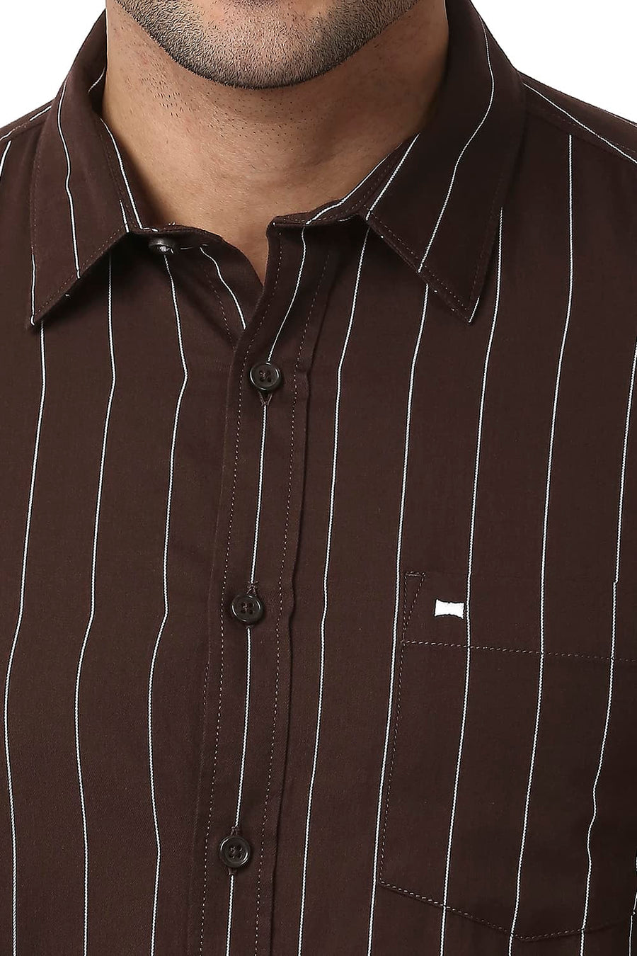 BASICS SLIM FIT GANACHE BROWN COTTON TWILL STRIPE SHIRT