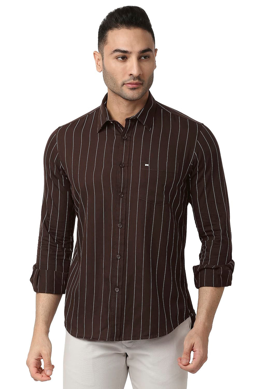 BASICS SLIM FIT GANACHE BROWN COTTON TWILL STRIPE SHIRT